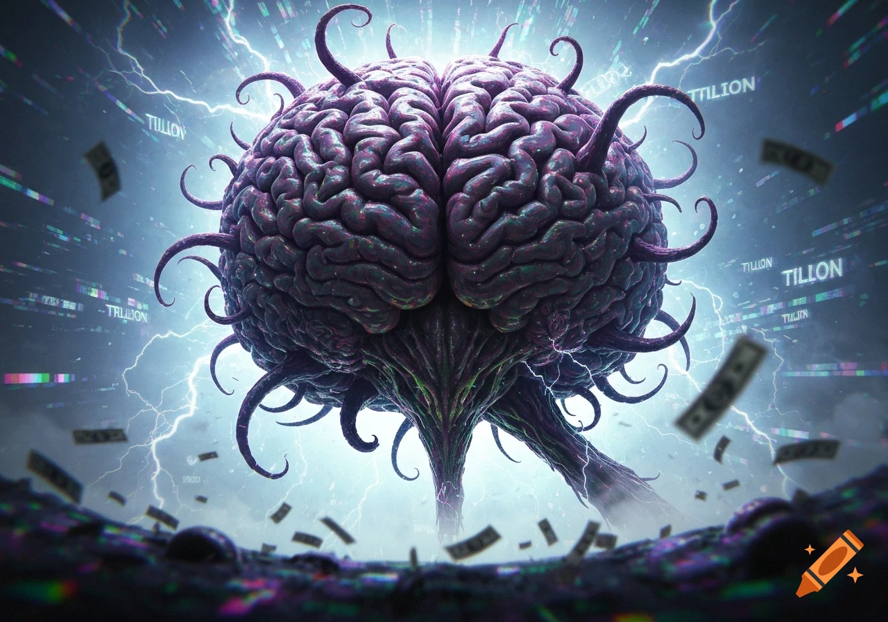 A surreal, tentacled brain pulses with energy amid lightning, falling money, and digital glitches in a dark, atmospheric setting.