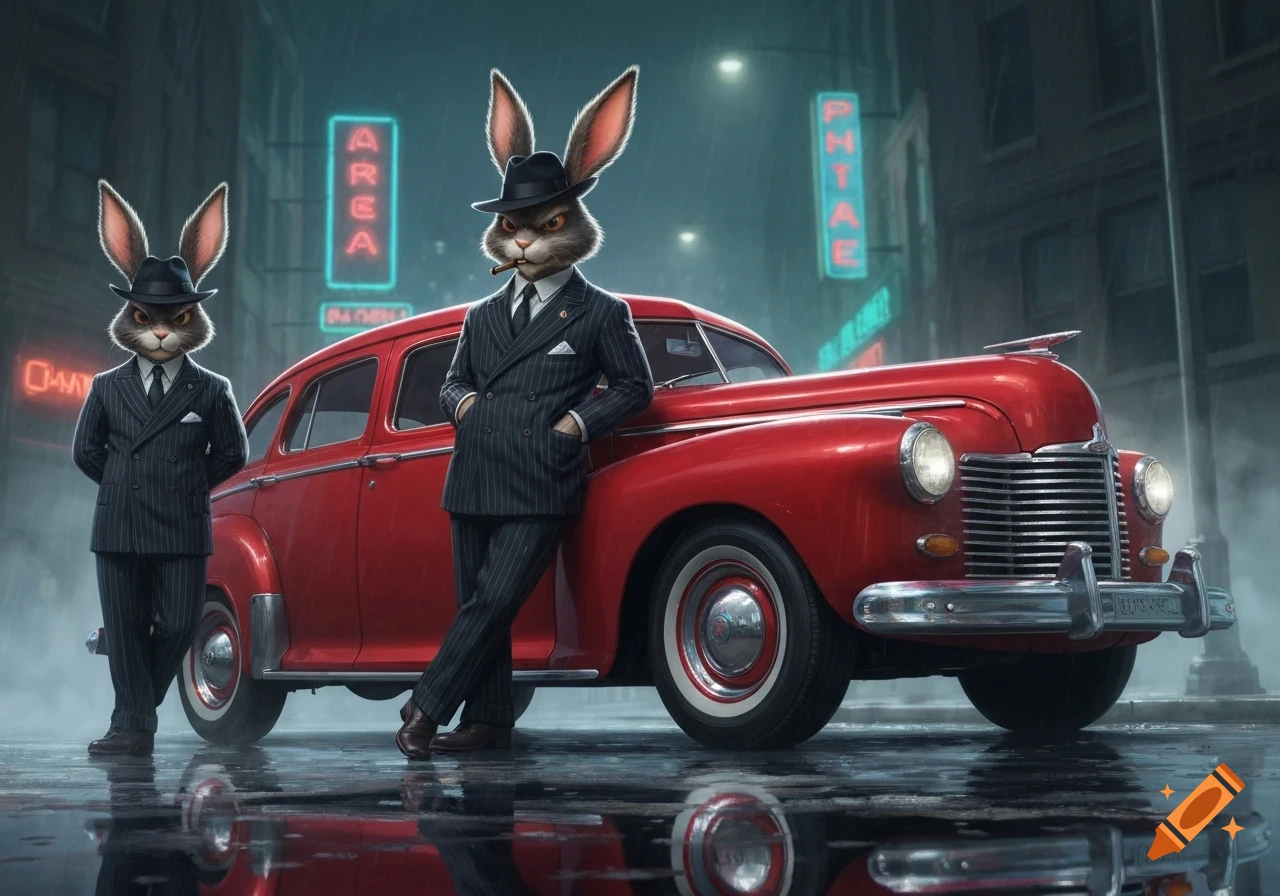 Two anthropomorphic rabbit mobsters in pinstripe suits and fedoras stand by a red vintage car on a rainy city street at night.