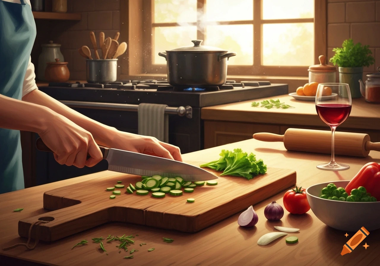 A person chopping vegetables on a wooden board in a sunlit kitchen, with a pot on the stove and wine nearby.