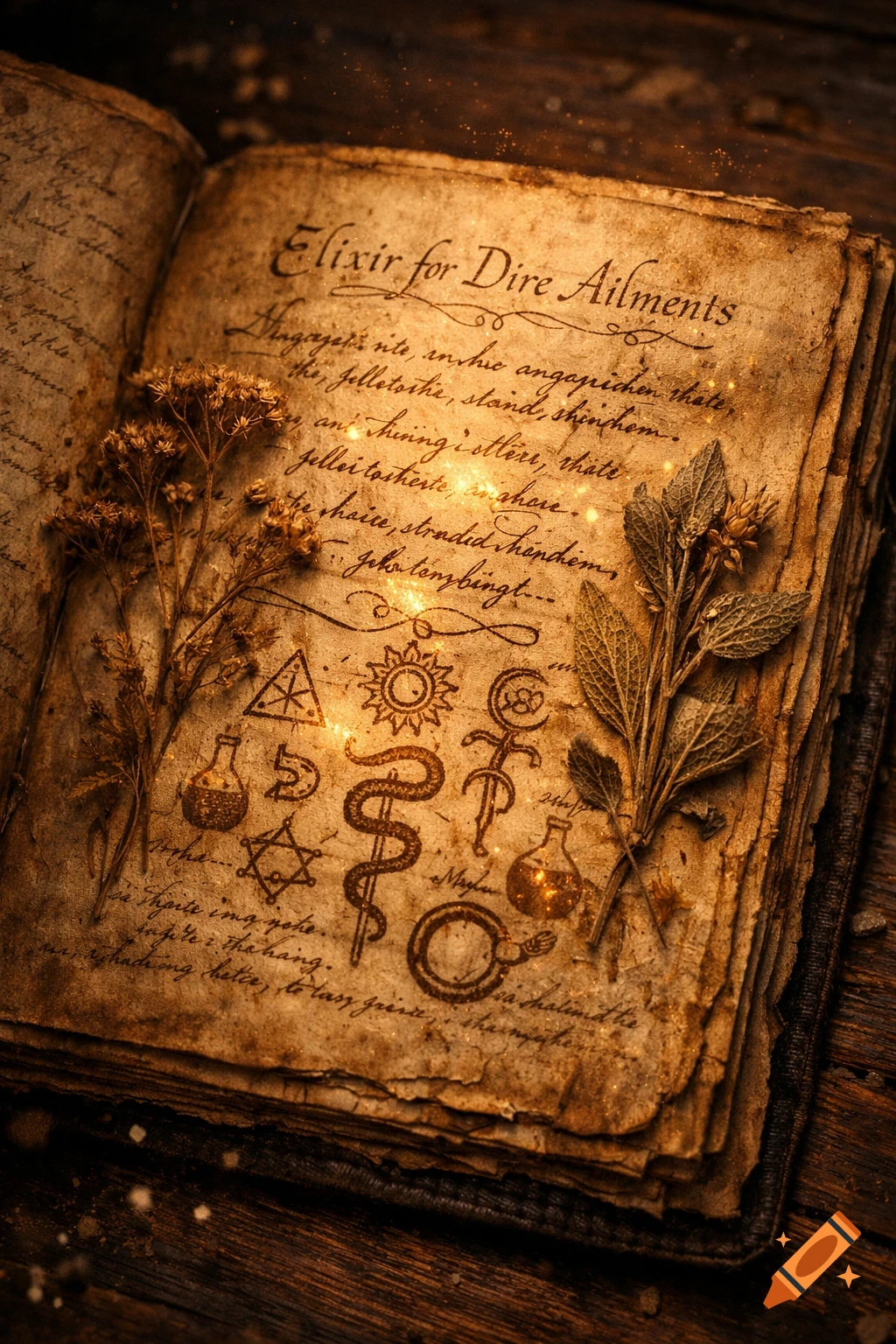 An old, worn book open to a page titled "Elixir for Dire Ailments," showing herbal sprigs, alchemical symbols, and faint, glowing particles on a wooden surface in a dark, warm-lit style.