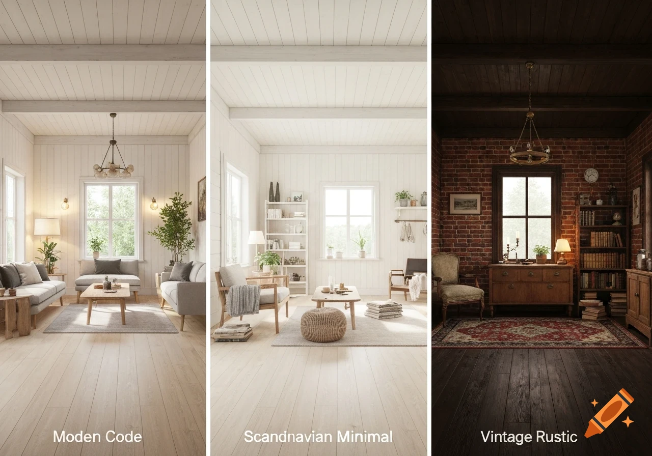 Three side-by-side interior design styles: a light modern cozy living room, a bright Scandinavian minimal living room, and a dark vintage rustic room with brick walls.