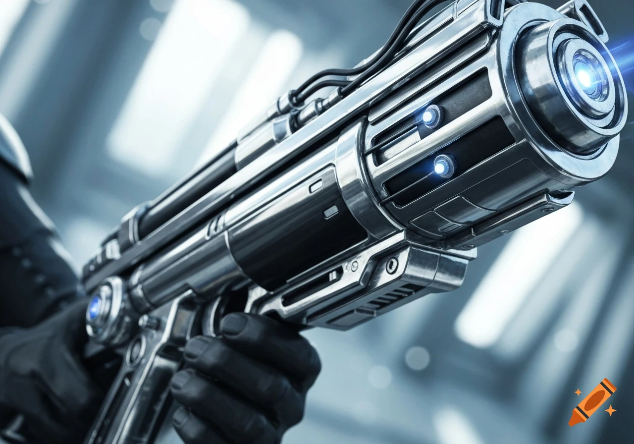 Close-up of a person in a dark glove holding a shiny chrome futuristic arm blaster with blue glowing lights. Sci-fi style.