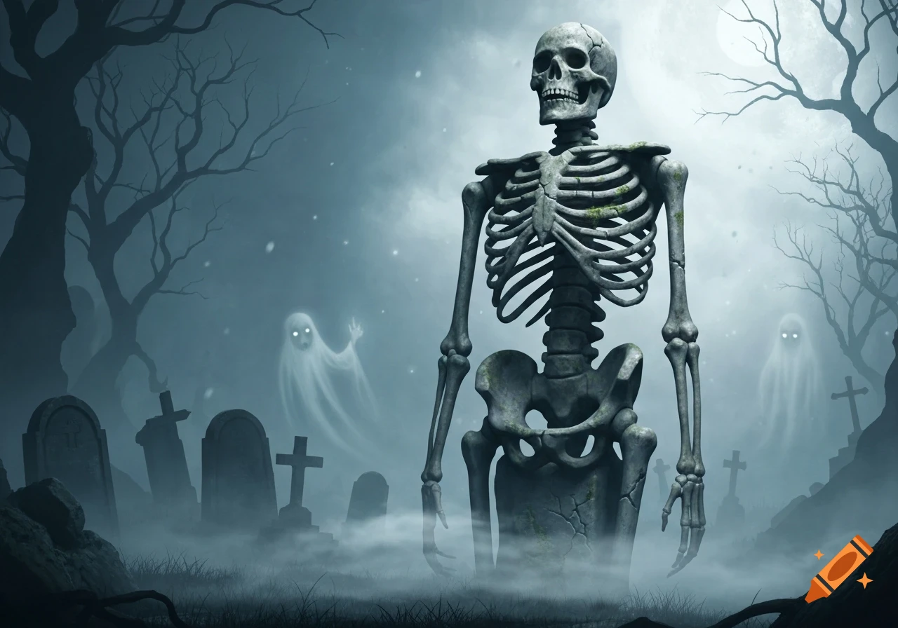A skeletal figure stands amidst a foggy graveyard with tombstones and bare trees, while luminous ghosts drift in the misty moonlight.