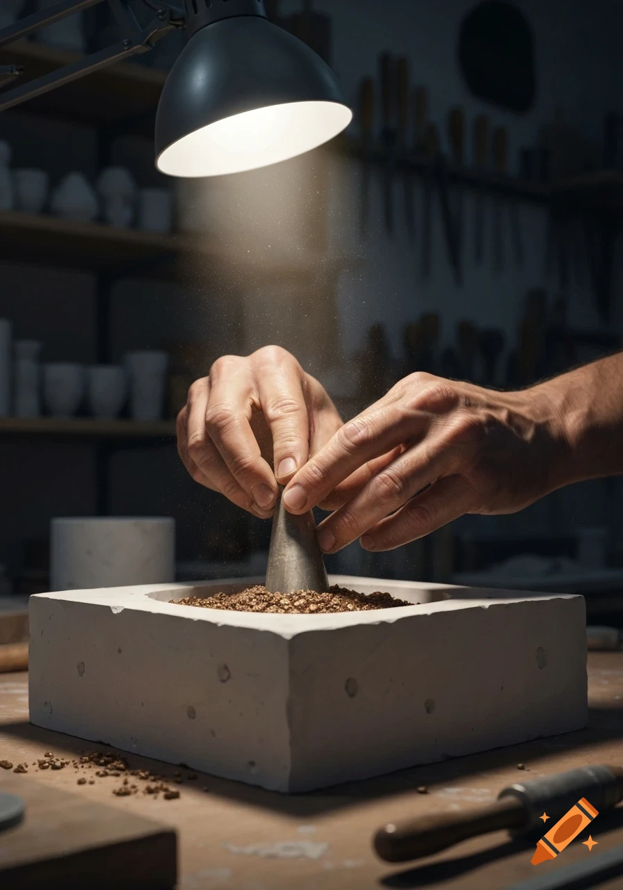 Close-up of hands pressing a conical tool into granular material within a square mold, illuminated by a workshop lamp, showing a cold casting technique.