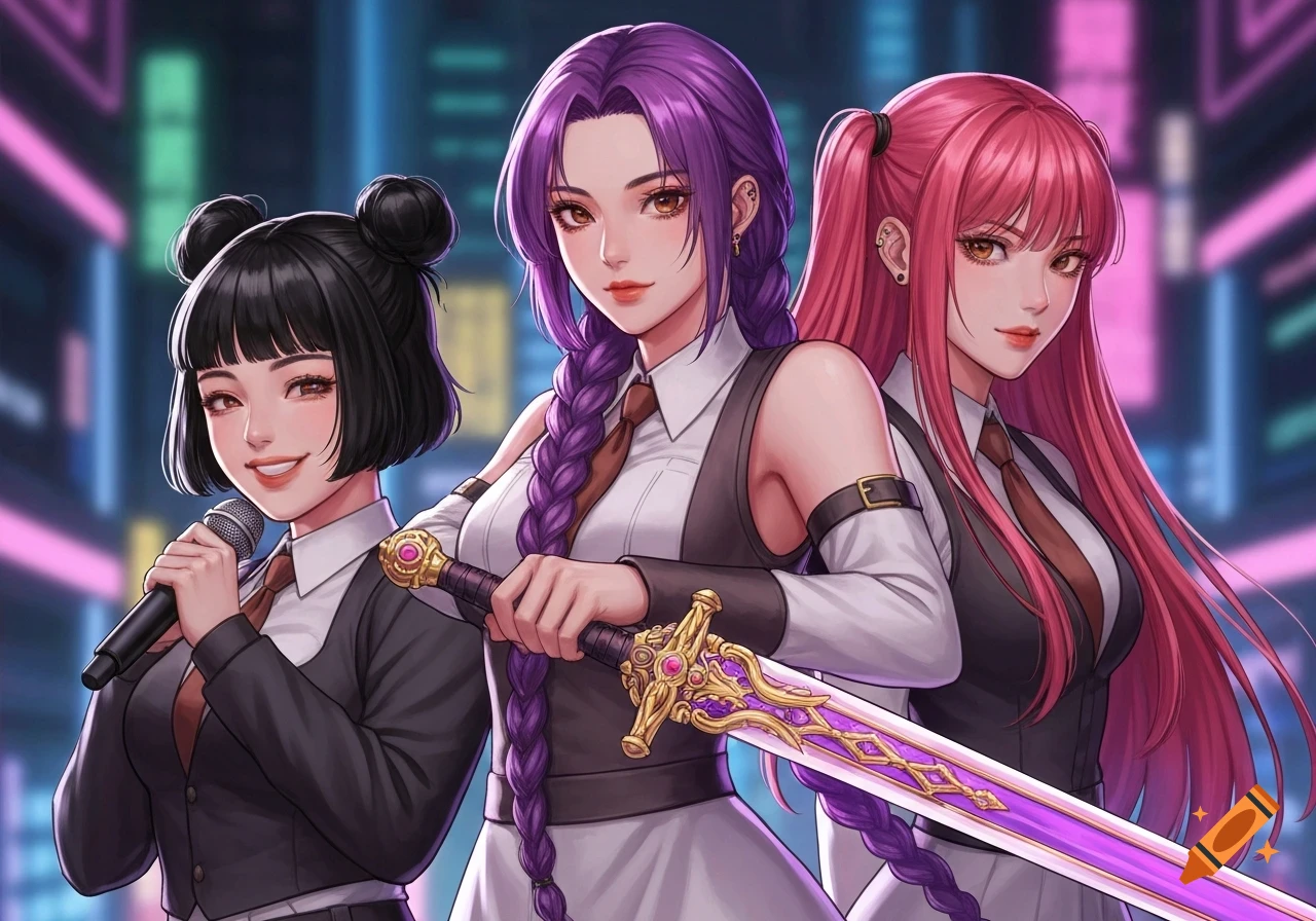 Three anime-style women with colorful hair, dressed in vests and ties, stand against a neon city background. One holds a microphone, and the central figure holds a glowing purple sword.