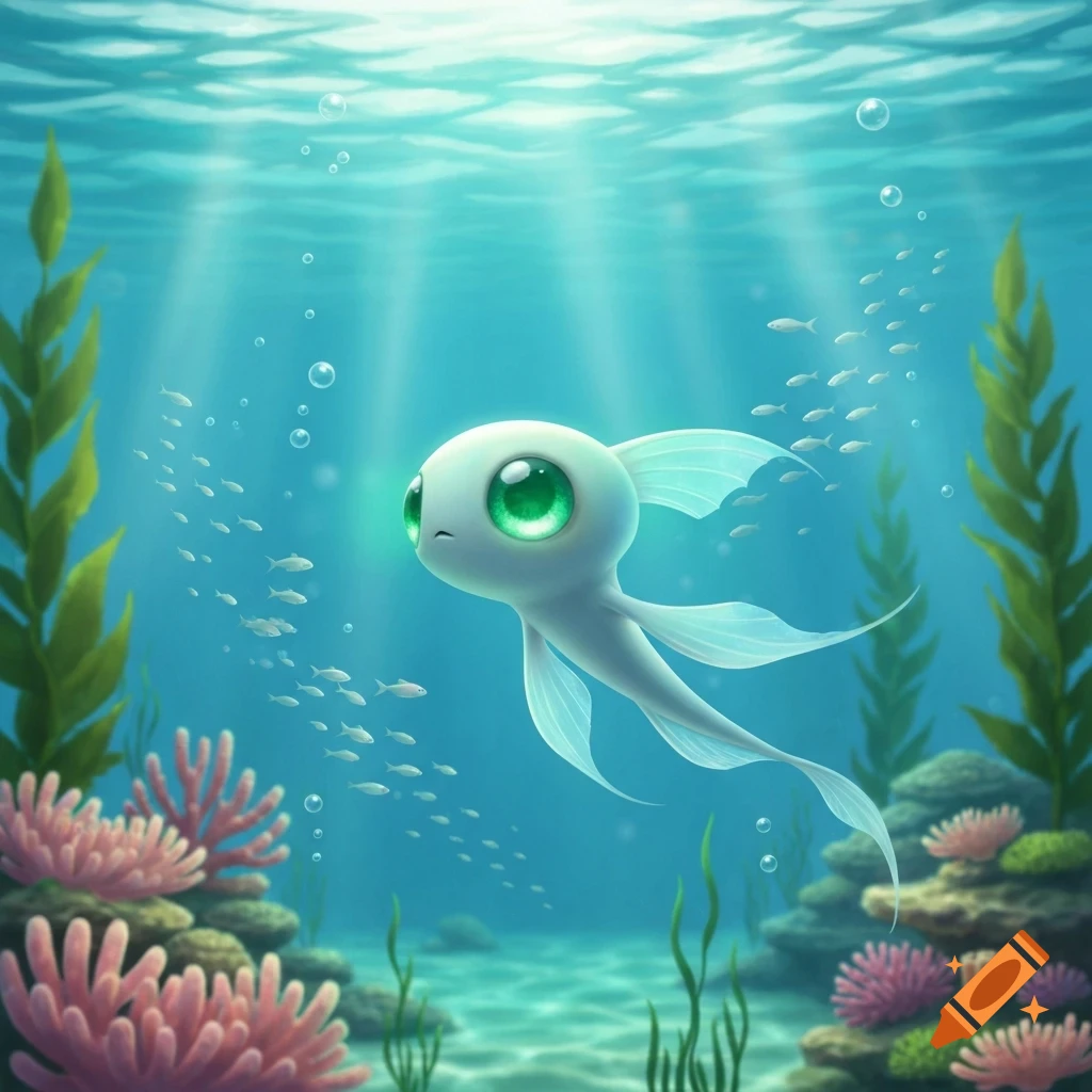 A cute, stylized white sea creature with large glowing green eyes swims in a vibrant underwater scene with coral, seaweed, and small fish.