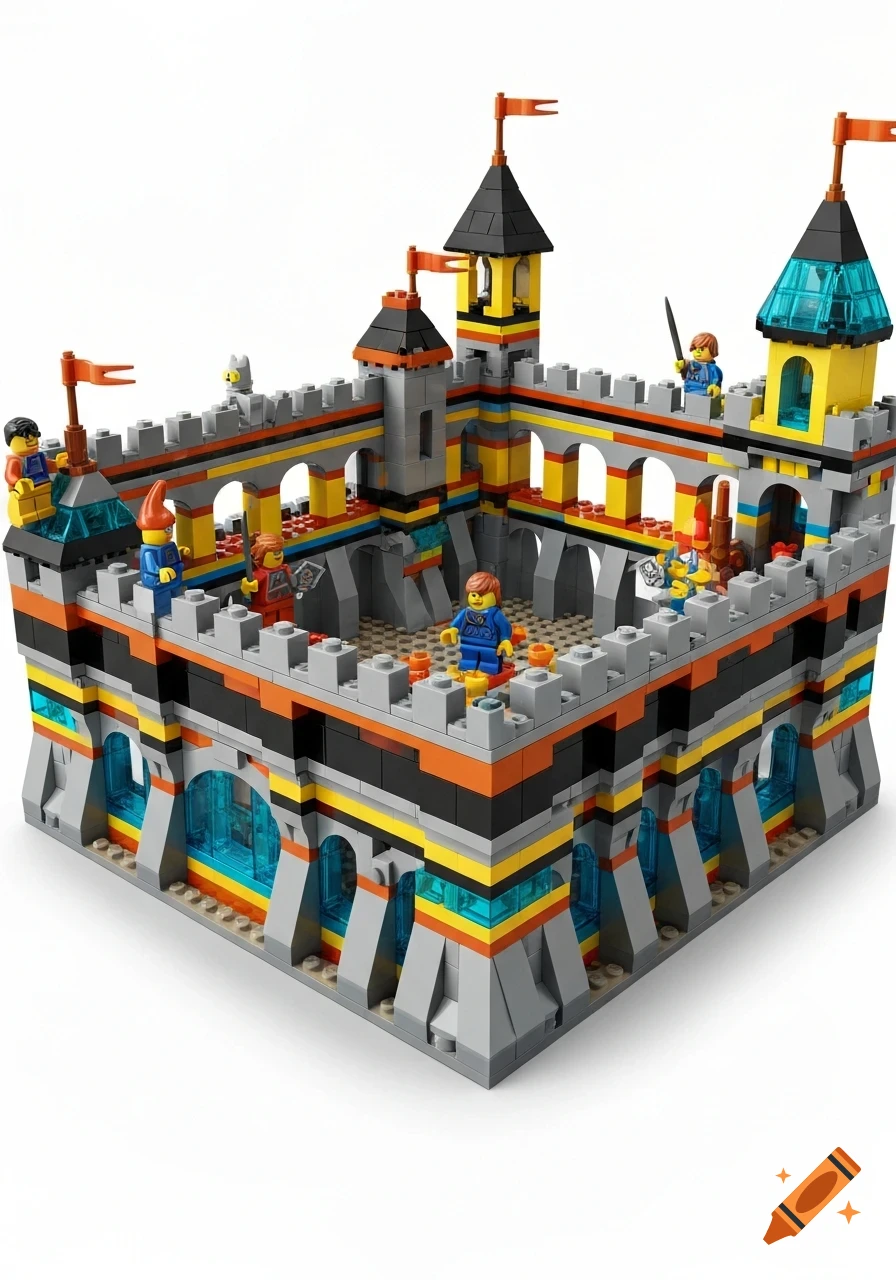 A detailed Lego castle playset with grey walls, colorful accents, flags, and several minifigures standing on different levels.