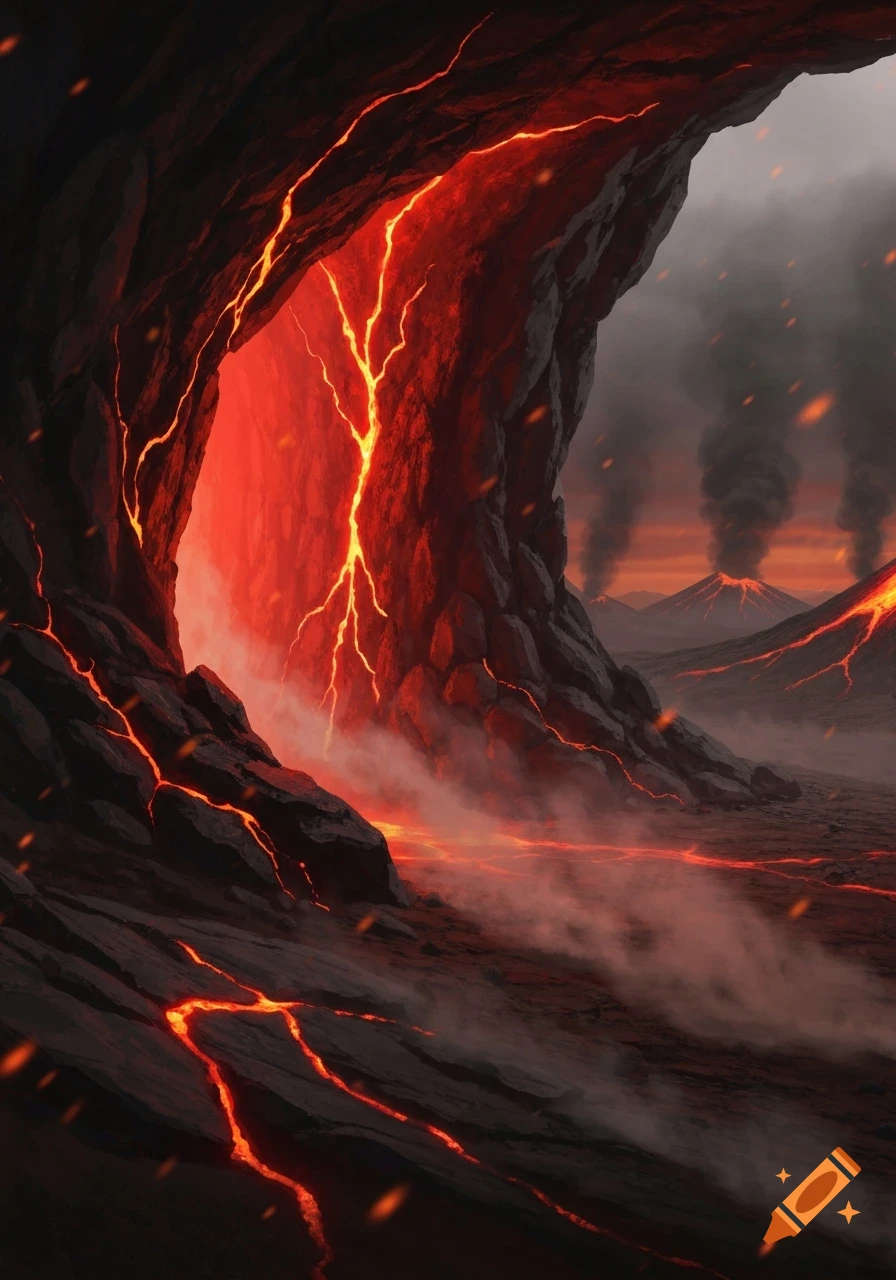 A dark cave entrance glows with fiery lava, surrounded by a volcanic landscape with smoking volcanoes under a dark sky.