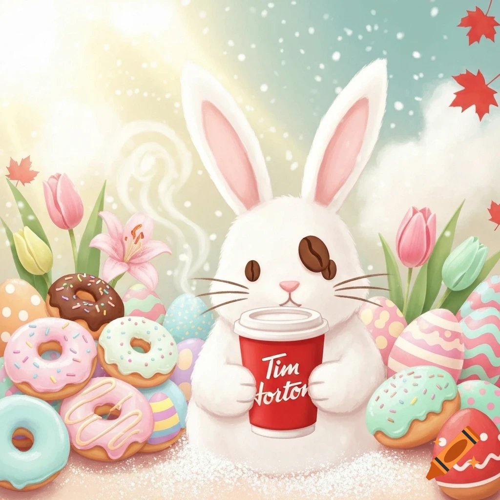 A whimsical illustration of a white bunny holding a Tim Hortons coffee cup, surrounded by colorful Easter eggs, donuts, and tulips.