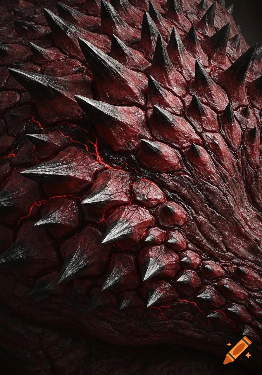 Close-up of rough, dark red monster skin with sharp black spikes and glowing red cracks, detailed texture.