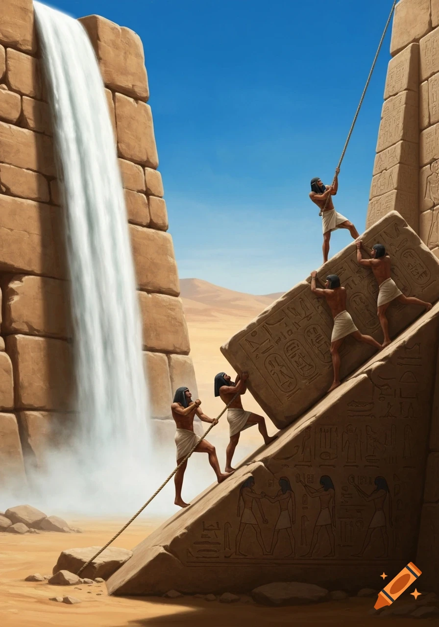Ancient Egyptian workers pull a large stone block with hieroglyphs up an inclined ramp using ropes, beside a massive waterfall and desert dunes.