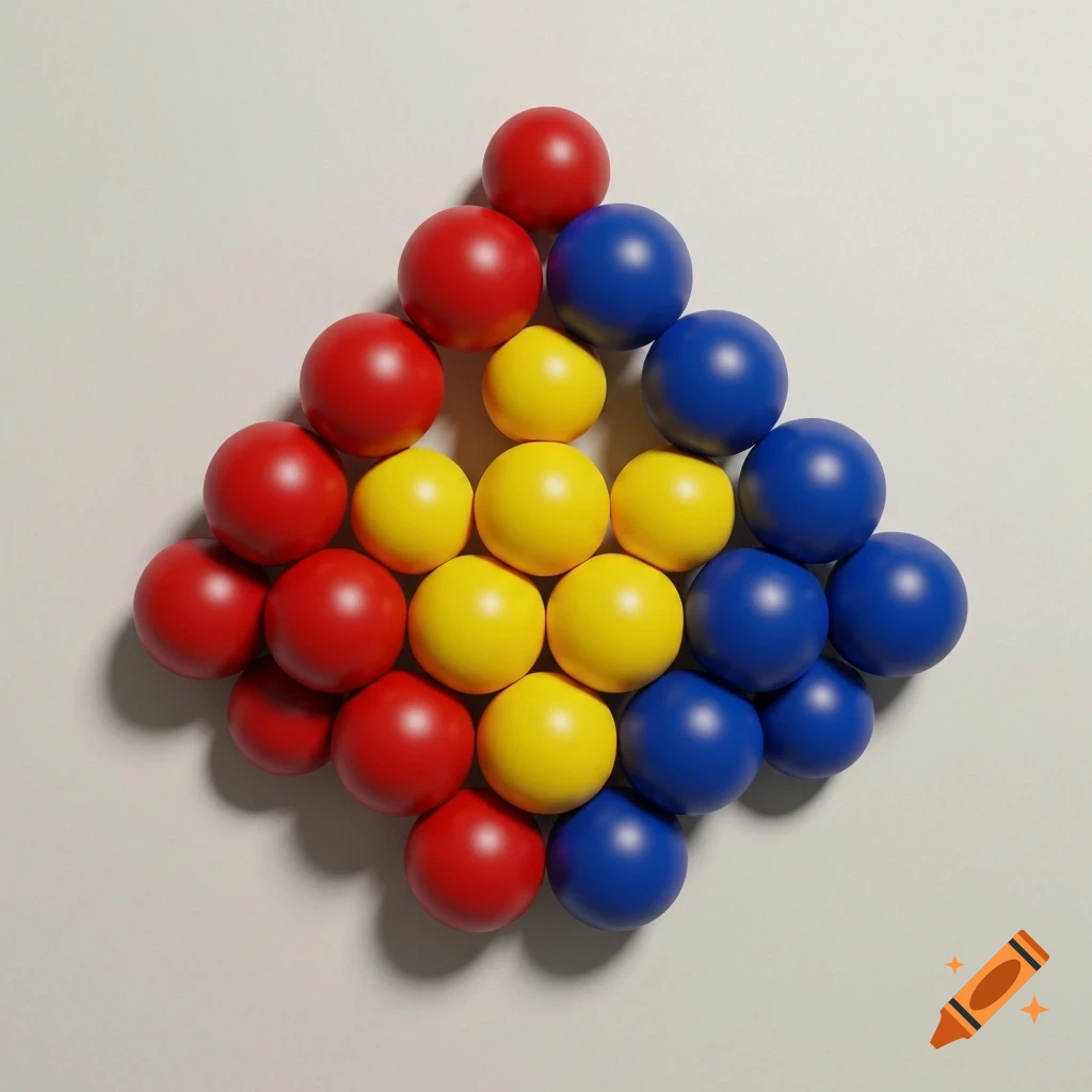 A diamond-shaped arrangement of red, yellow, and blue matte spheres on a white background.