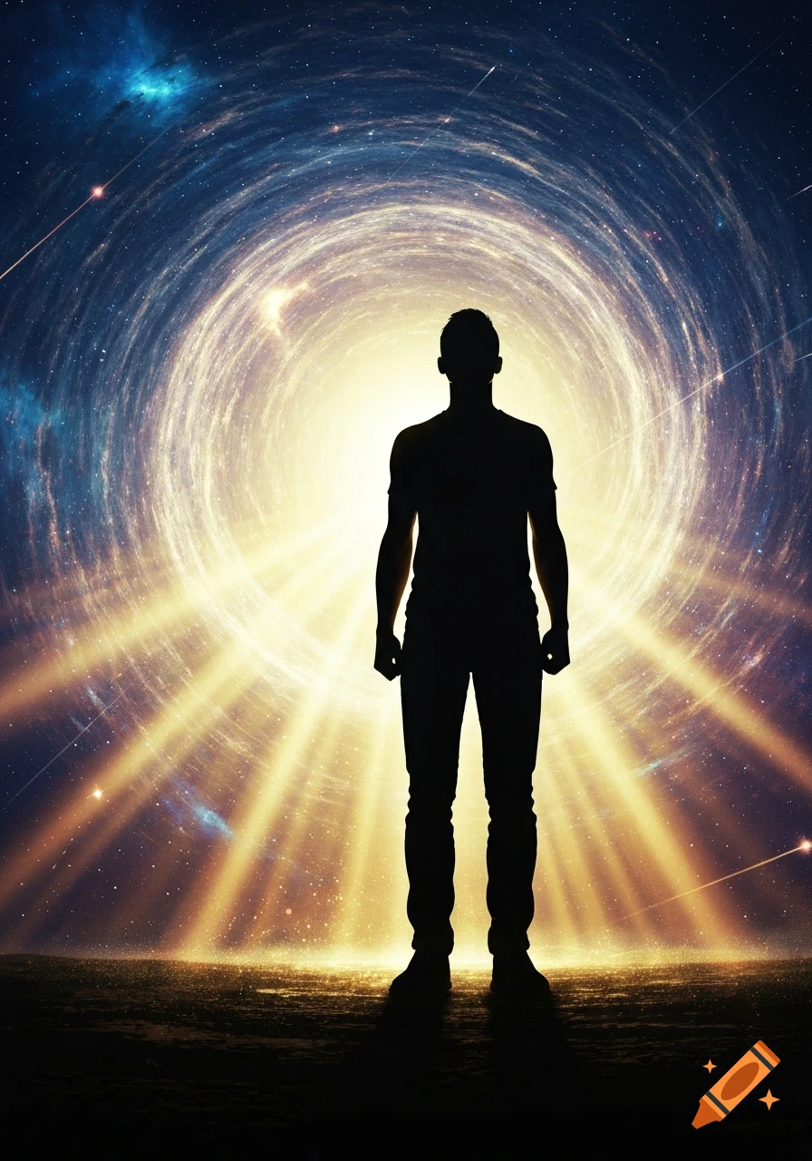 Silhouette of a person standing before a bright, glowing cosmic wormhole or portal with stars and light rays.