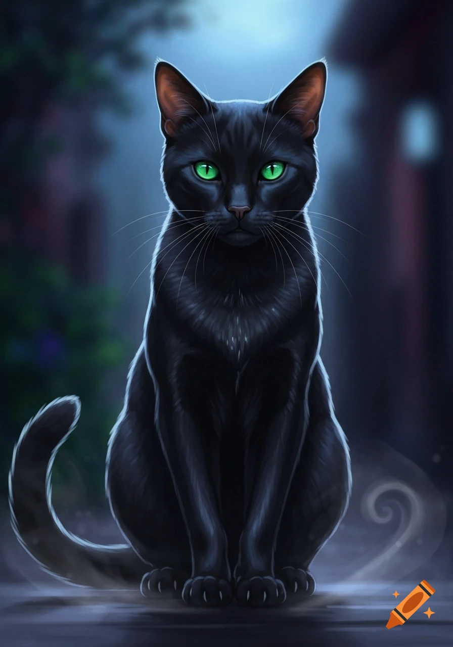 A digital painting of a sleek black cat with glowing green eyes ...