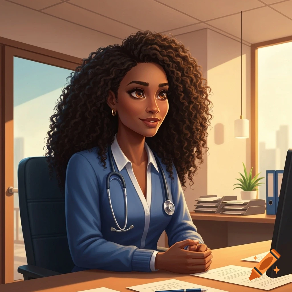 Illustrated cartoon of a dark-skinned woman with long curly hair and a stethoscope, sitting at a desk in an office.