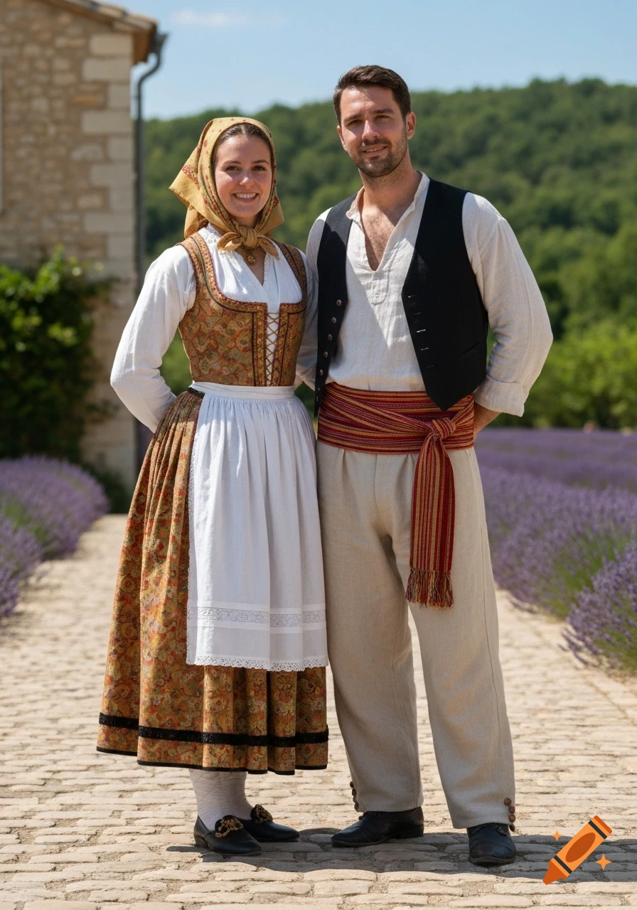 A man and a woman in traditional Provençal folk clothing stand on a cobbled path next to lavender fields.