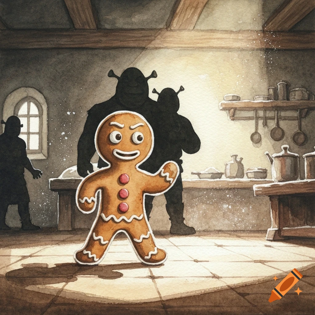 Watercolor painting of an angry Gingerbread Man in a rustic kitchen, with shadowy Shrek-like figures in the background.