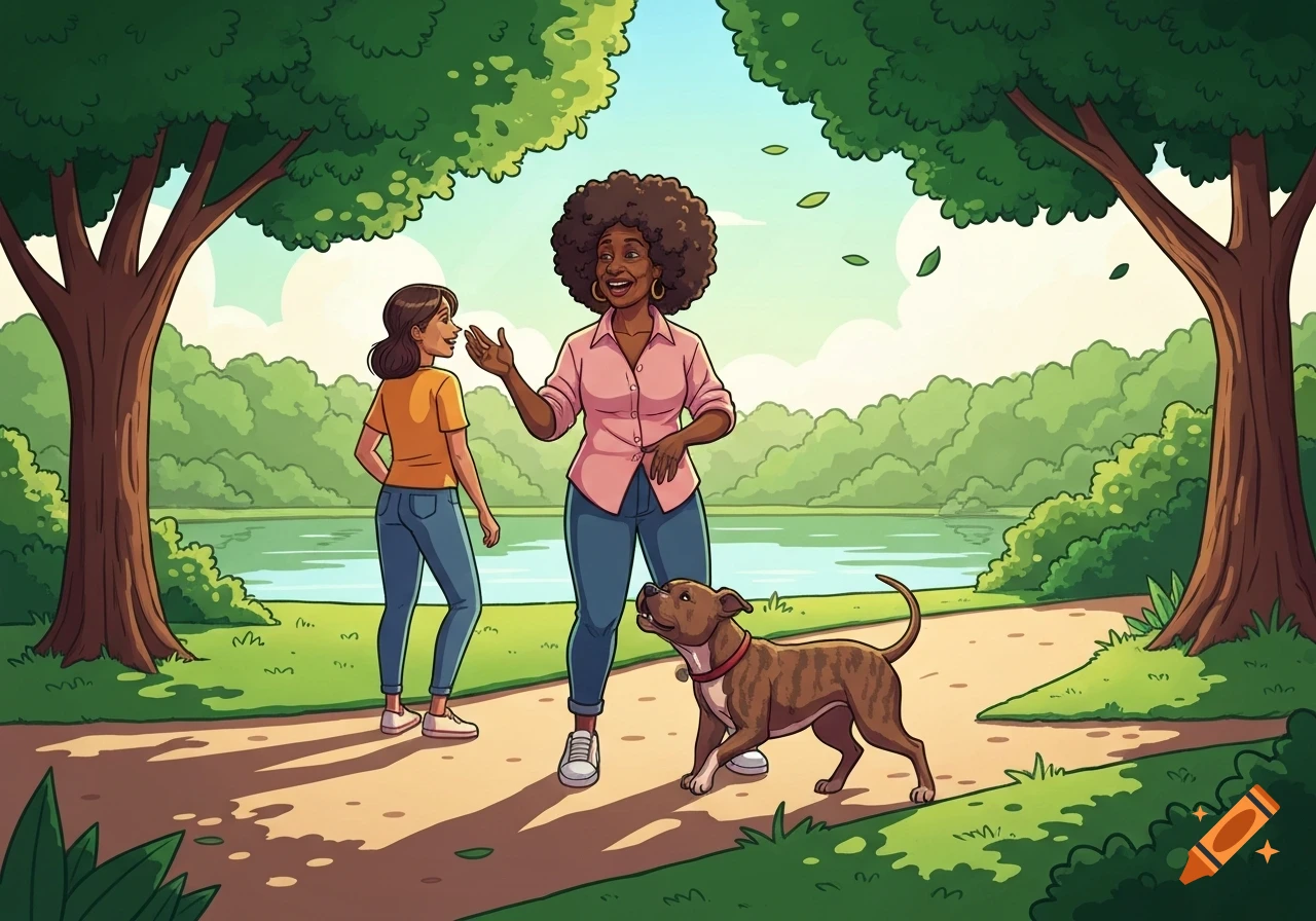 Cartoon of two women and a brindle pit bull dog on a path in a park with a lake and trees.