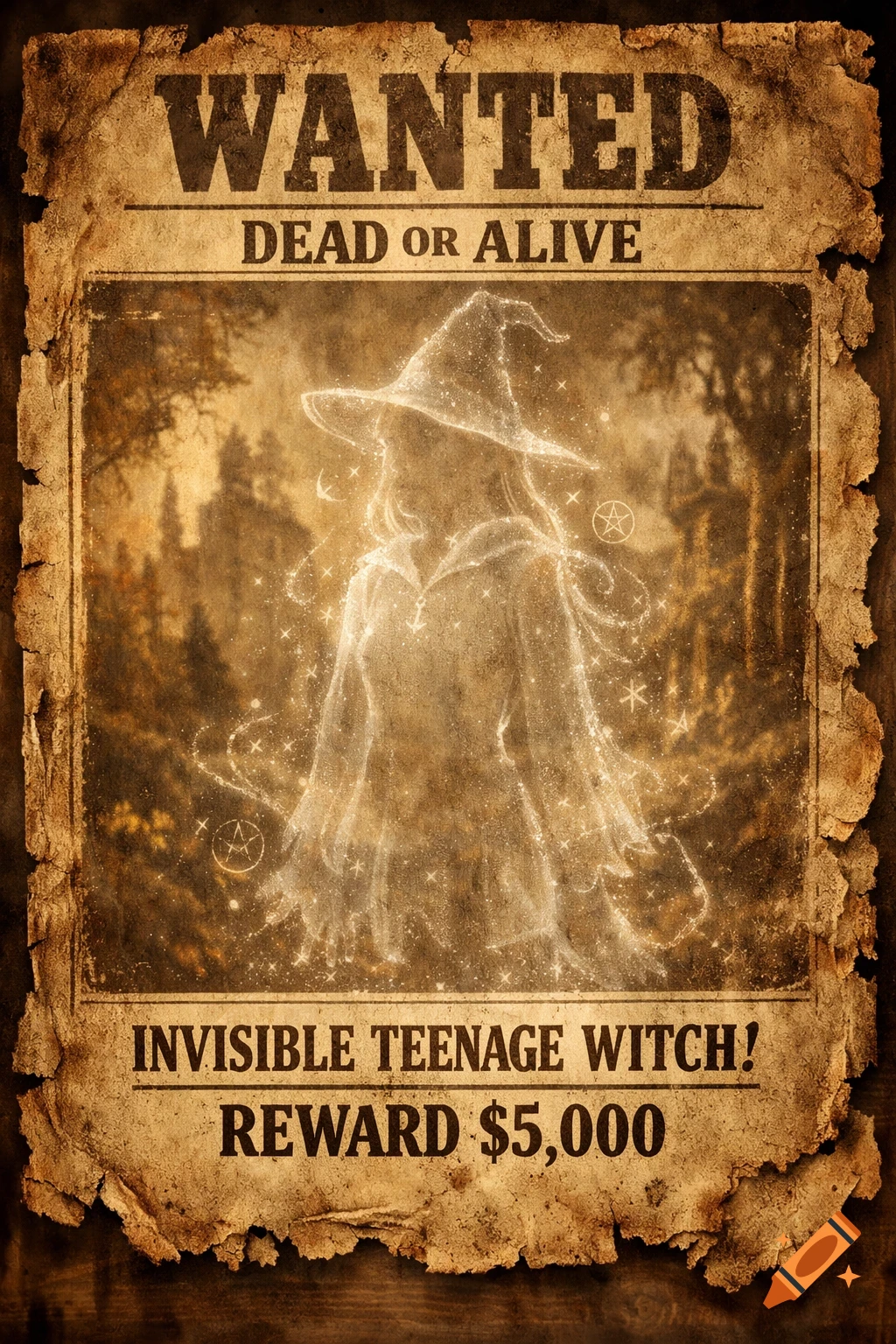 A vintage wanted poster for an invisible teenage witch, depicted as a glowing, starry outline on aged paper.