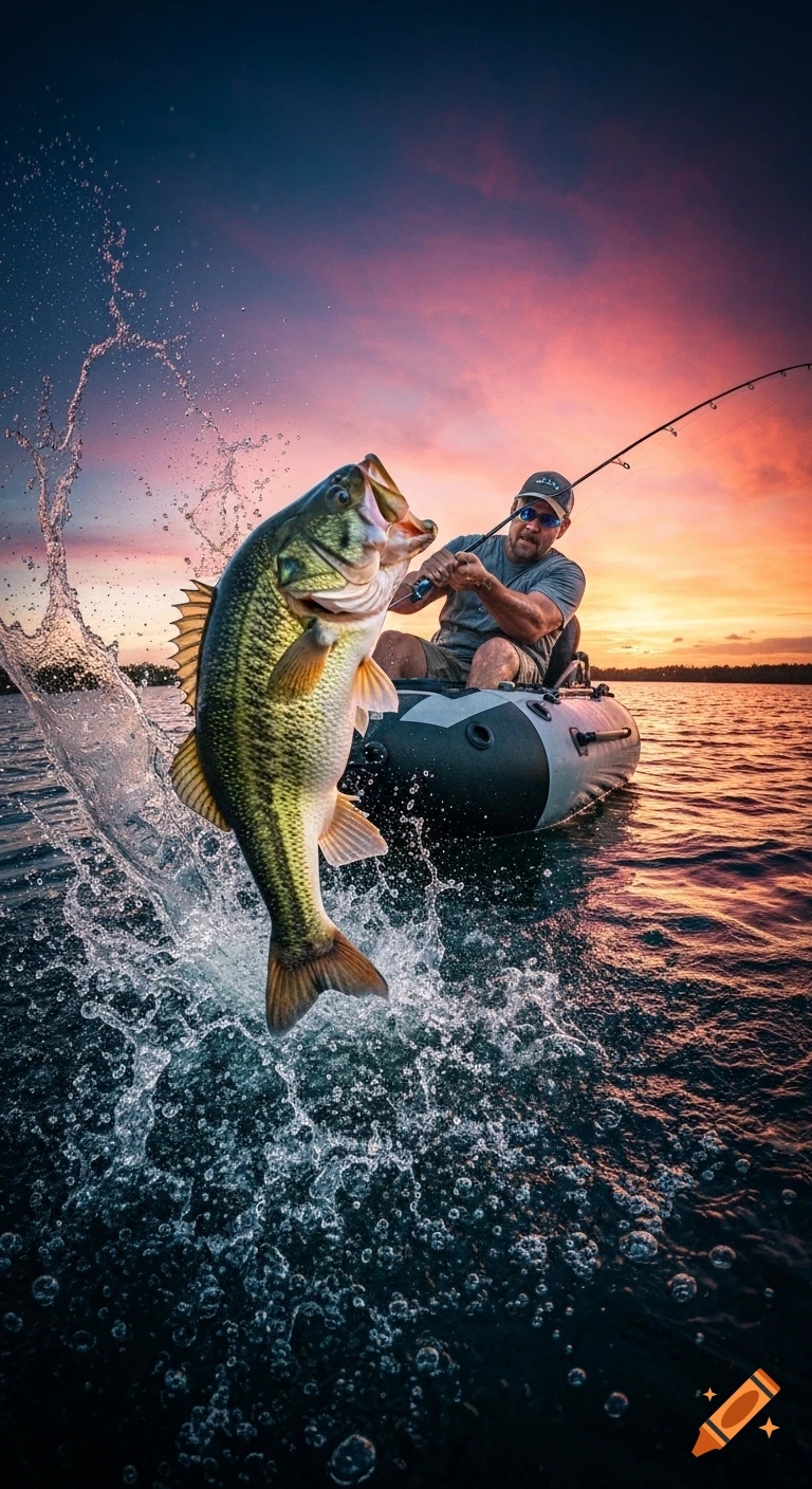 A man in a float tube reels in a large bass that leaps from the water at sunset, surrounded by splashes.