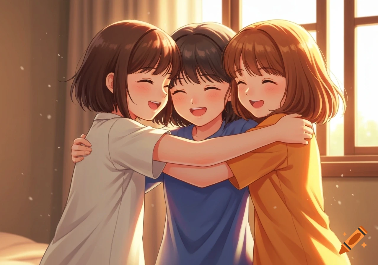 Three smiling anime girls with short brown hair hugging in a sunlit room.