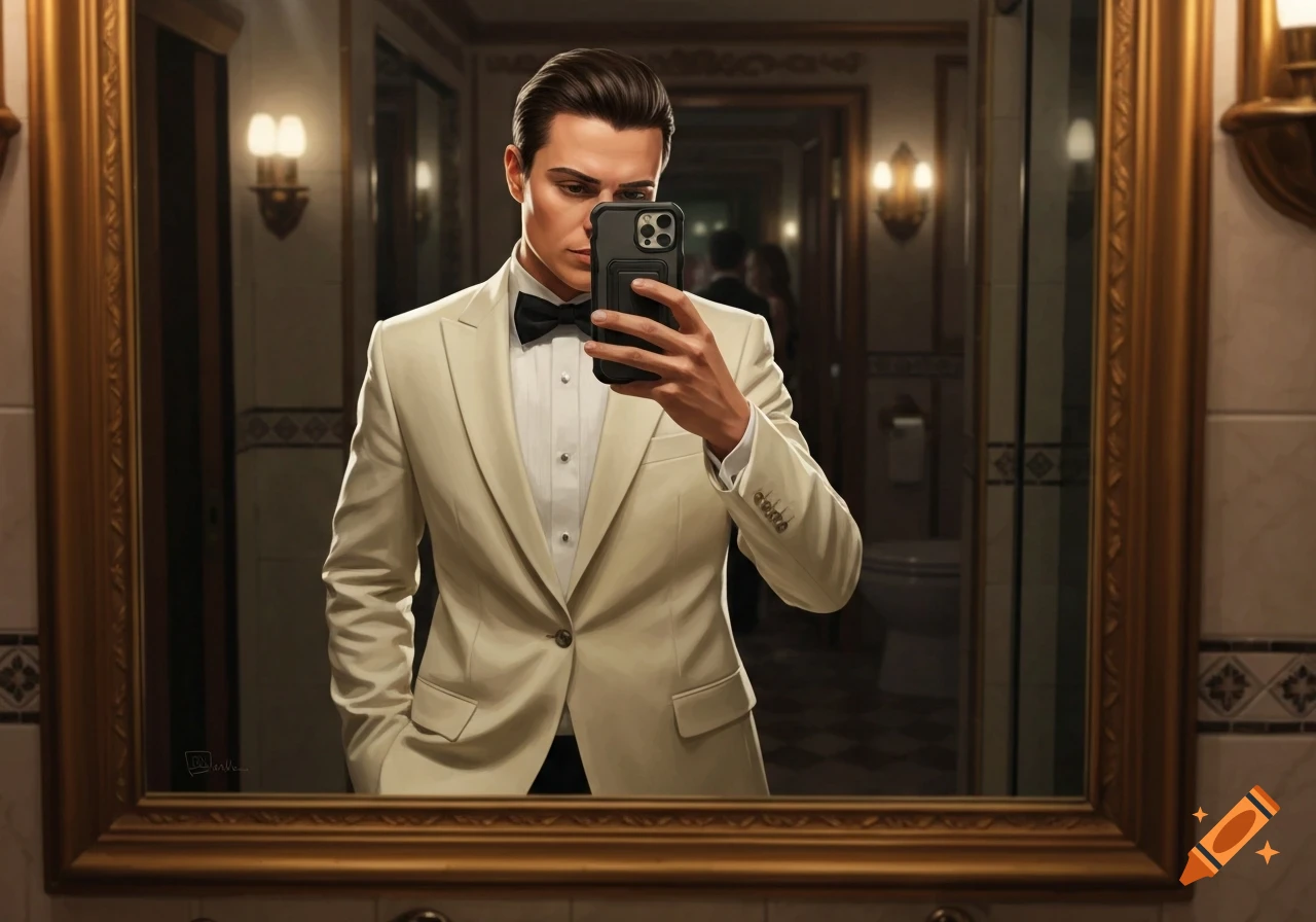 A well-dressed man in a cream suit and bow tie takes a photorealistic selfie in a bathroom mirror at a party.