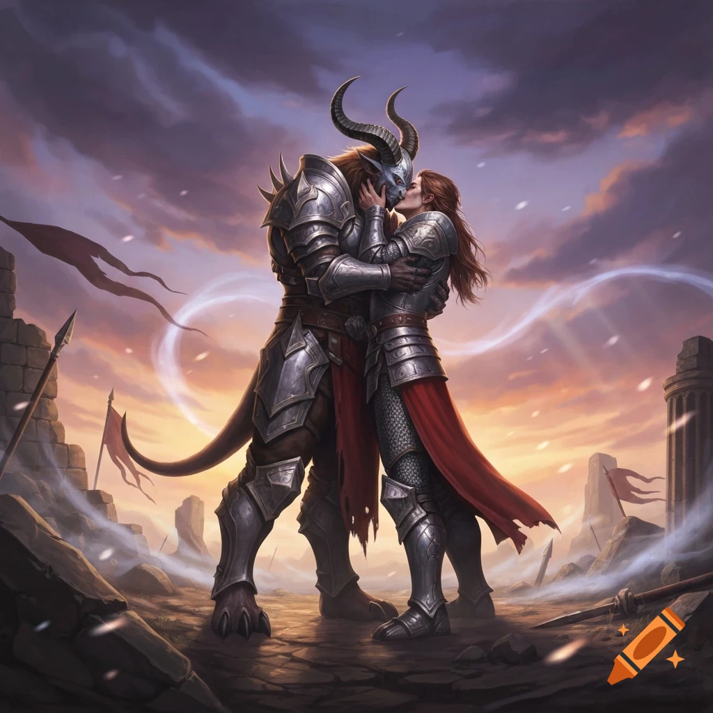 A horned, beast-like warrior in silver armor embraces and kisses a human female warrior in matching armor amidst sunset ruins.