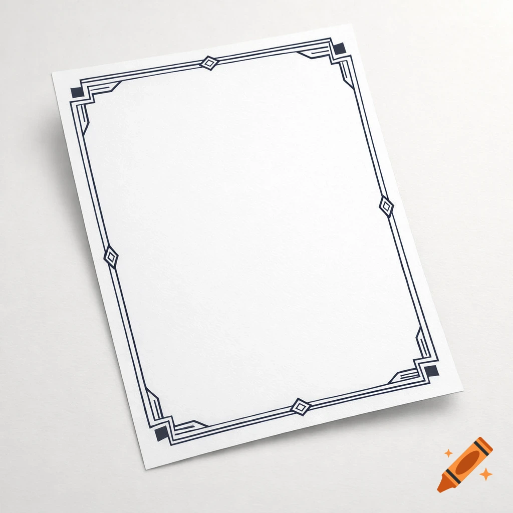 A white A4 paper sheet with a minimalist Art Deco style graphic border, angled slightly on a light background.