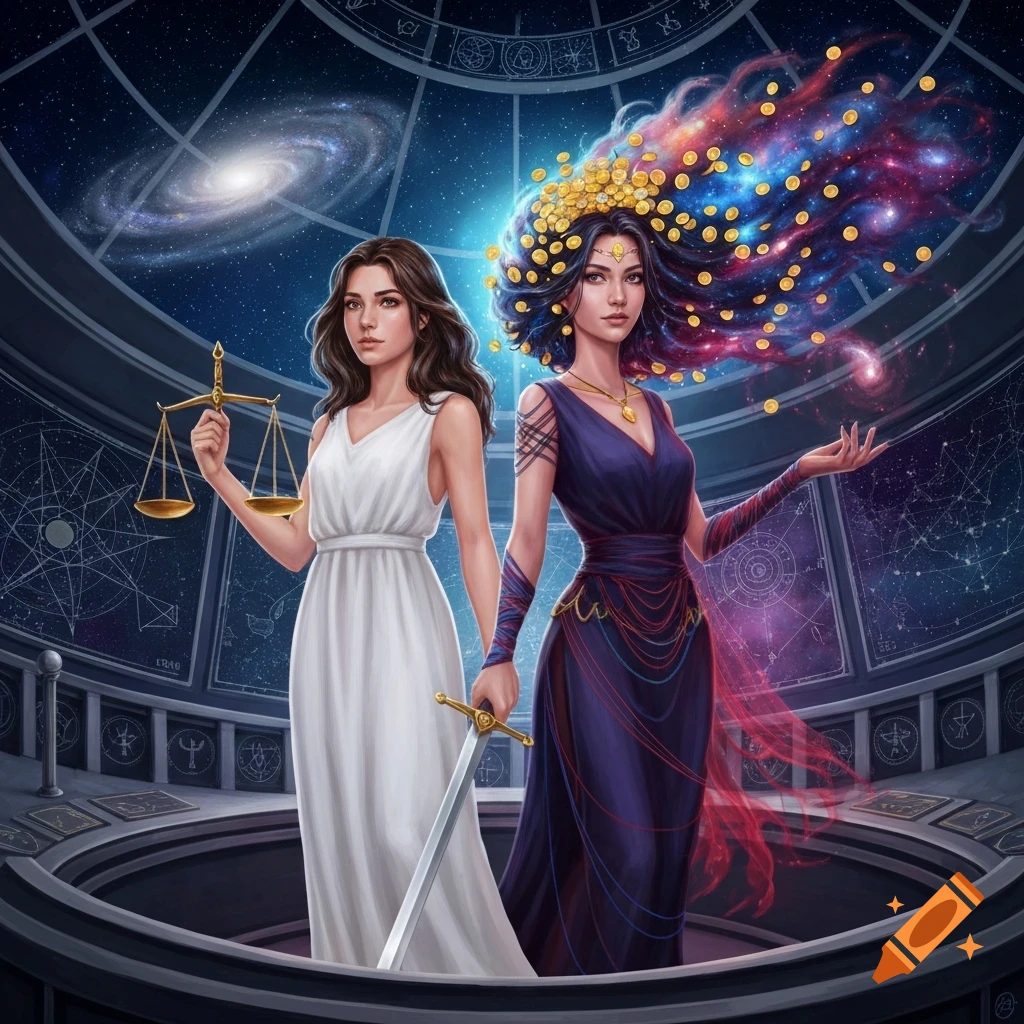 Two women, one in white holding scales and a sword, the other in dark blue with coins flowing from her hair, stand against a cosmic backdrop with constellations.