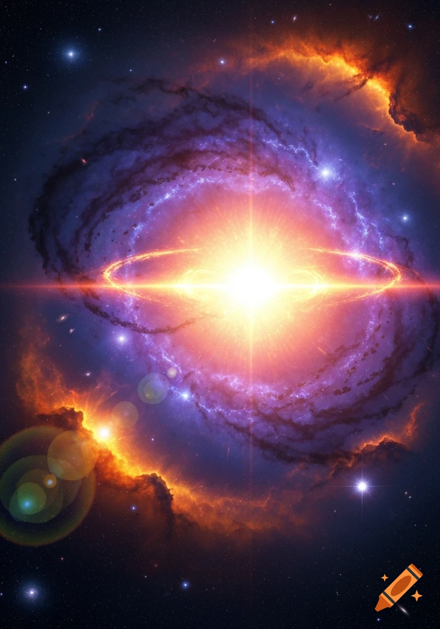 A bright supernova with radiating light in the center of a swirling purple and orange nebula, set against a star-filled dark space.