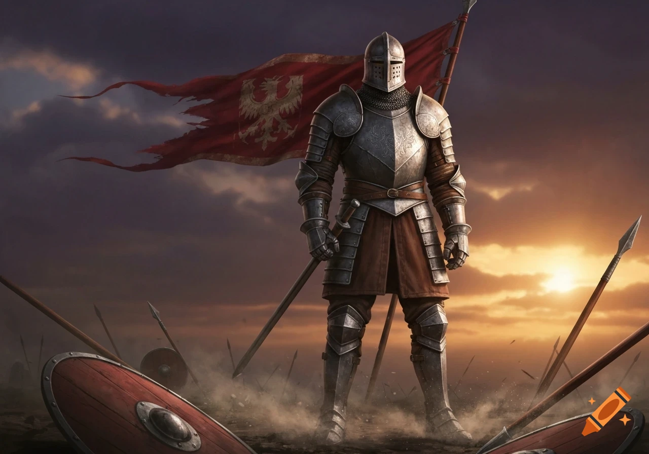 A knight in full armor stands on a dusty battlefield with spears and shields, a torn red flag behind him, at sunset.