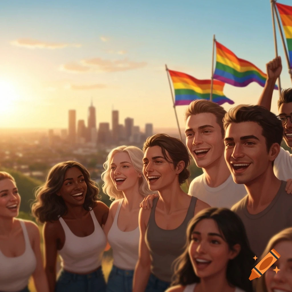 A diverse group of smiling people holding rainbow flags on a hill overlooking a city skyline at sunset.
