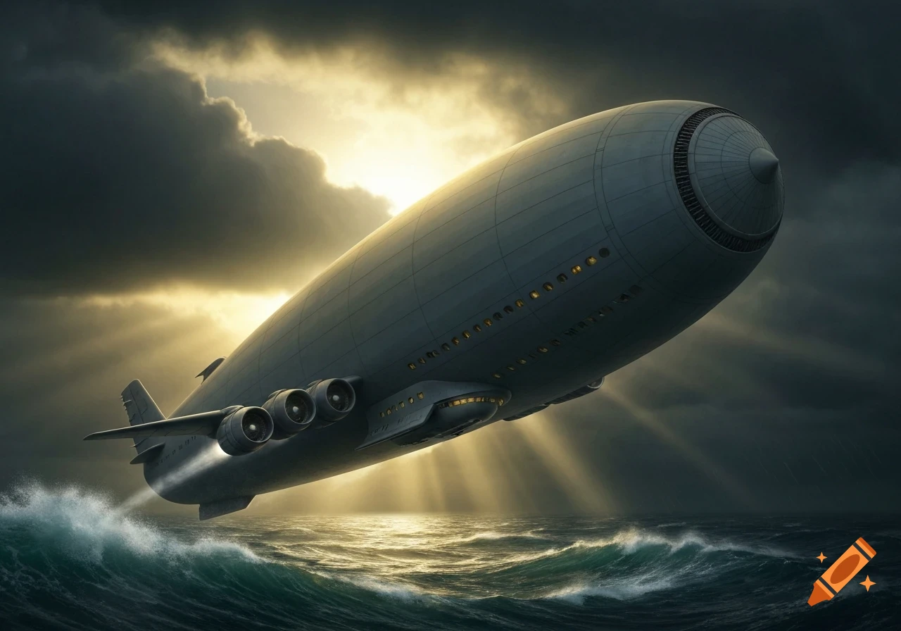 A large, futuristic skyship flies low over a stormy ocean, with sun rays piercing through dark clouds.