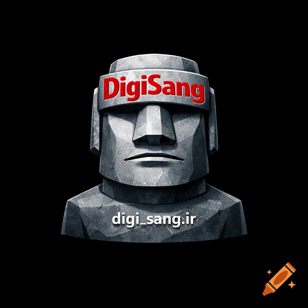 A modern logo featuring a stone Moai statue with 'DigiSang' in red on its forehead and 'digi_sang.ir' on its chest against a black background.