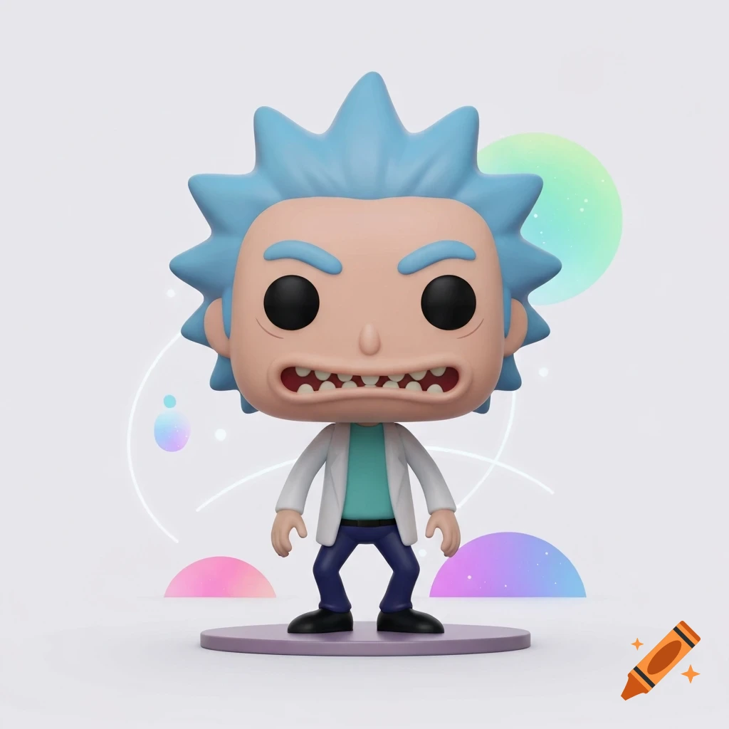 A 3D render of a Funko Pop figure of Rick Sanchez from Rick and Morty, standing on a purple base with abstract colorful shapes in the background.