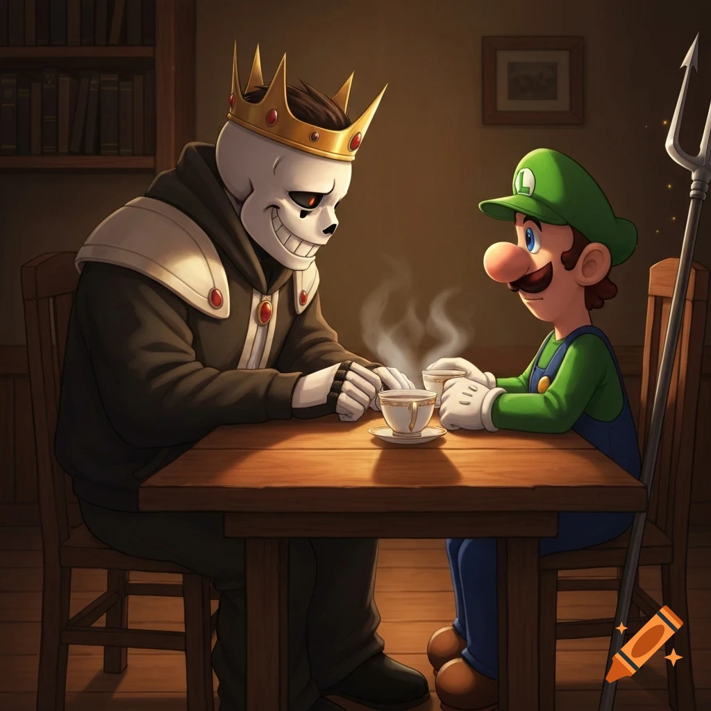 Sans from Undertale and Luigi from Super Mario sit at a wooden table, drinking tea together in a cozy room.