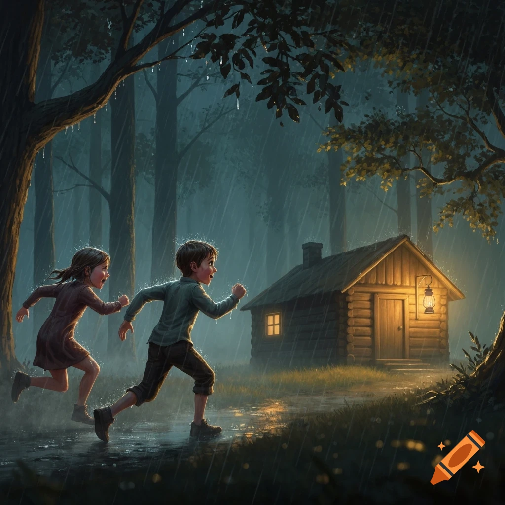 A boy and a girl run through a dark, rainy forest path towards a glowing wooden cabin with a lantern.