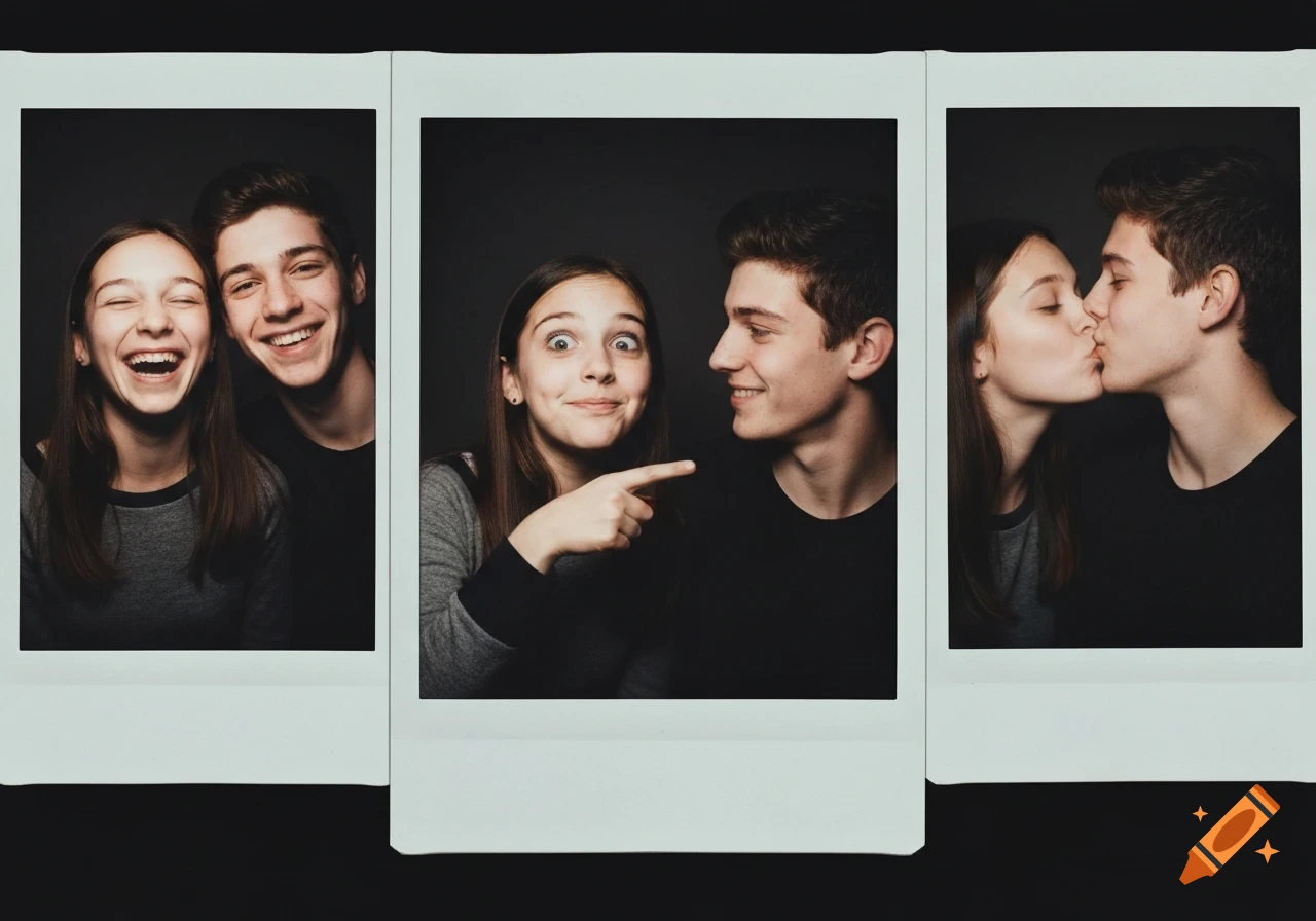 Three polaroid photos of a young couple: laughing, pointing, and kissing, against a dark background.