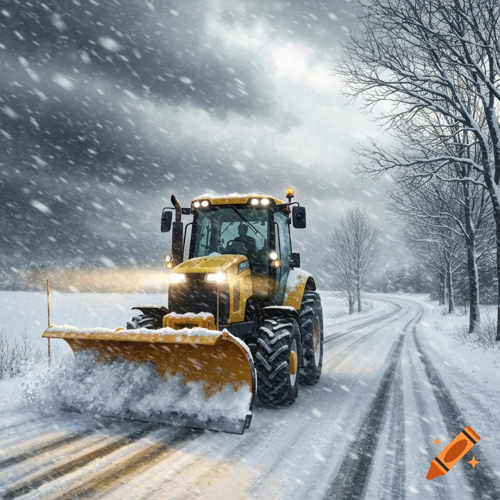 A bright yellow snowplow clearing a snow-covered road lined with bare trees under a cloudy winter sky.