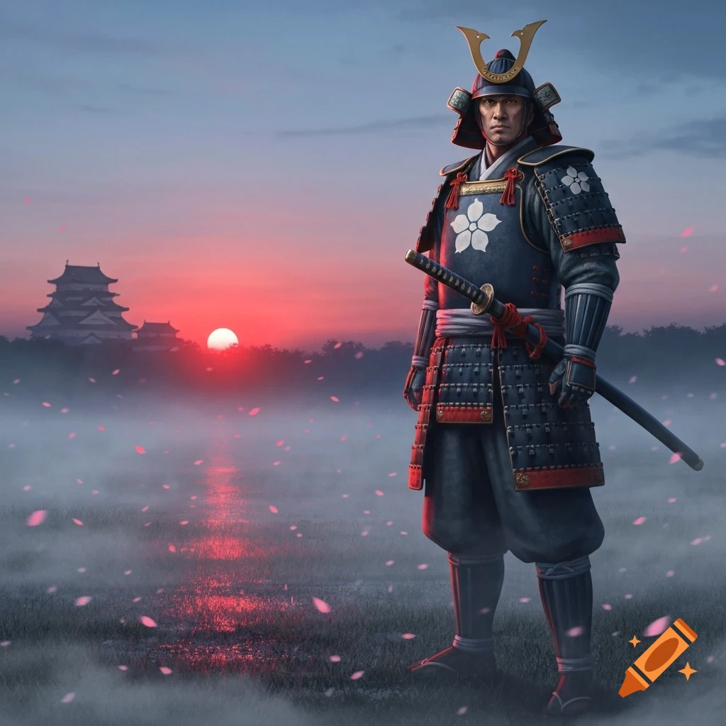 A samurai in full armor with a katana stands in a misty field with pink blossoms, a Japanese castle and dramatic red sunset in the background.