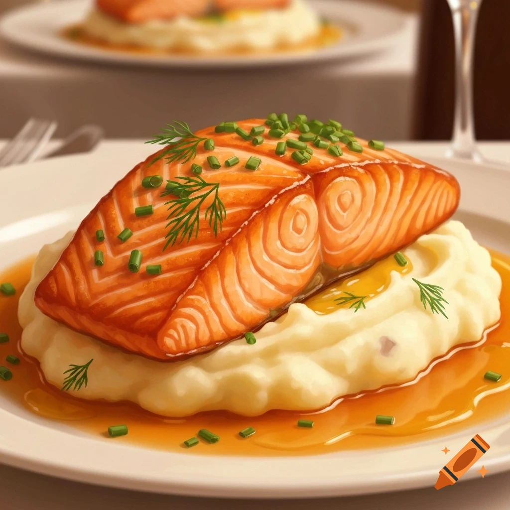 Close-up of a seared salmon fillet on a bed of creamy mashed potatoes, garnished with chives and dill, with a light sauce, on a white plate.