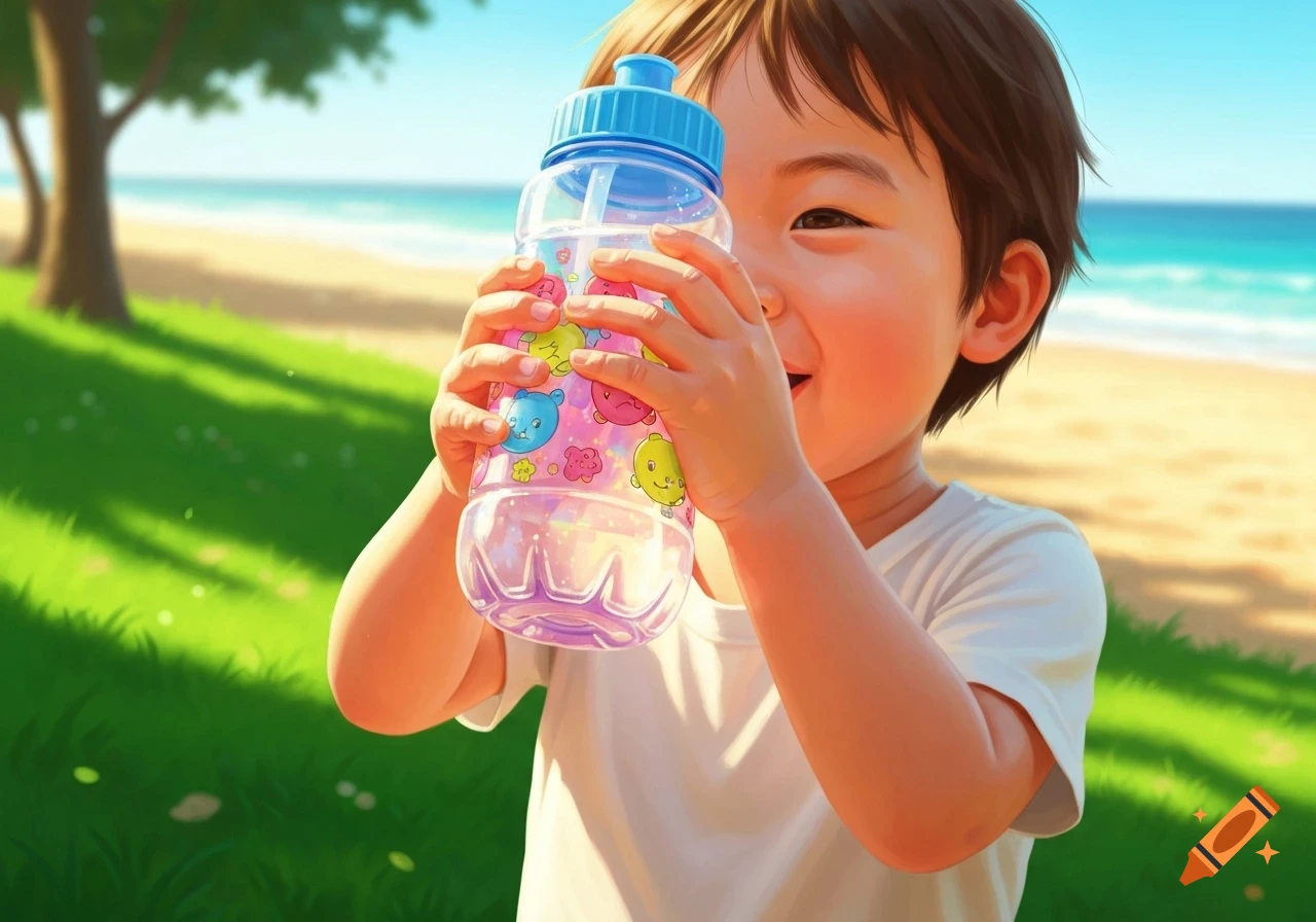 A young child holds a colorful water bottle, smiling while standing on a sunny beach next to grassy dunes, in an illustrative style.