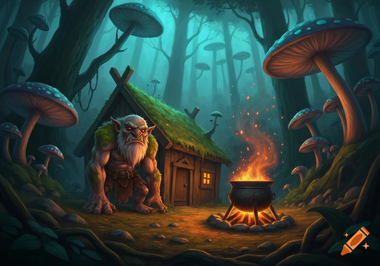 An angry old troll stands by a grass-roofed hut and a burning cauldron ...