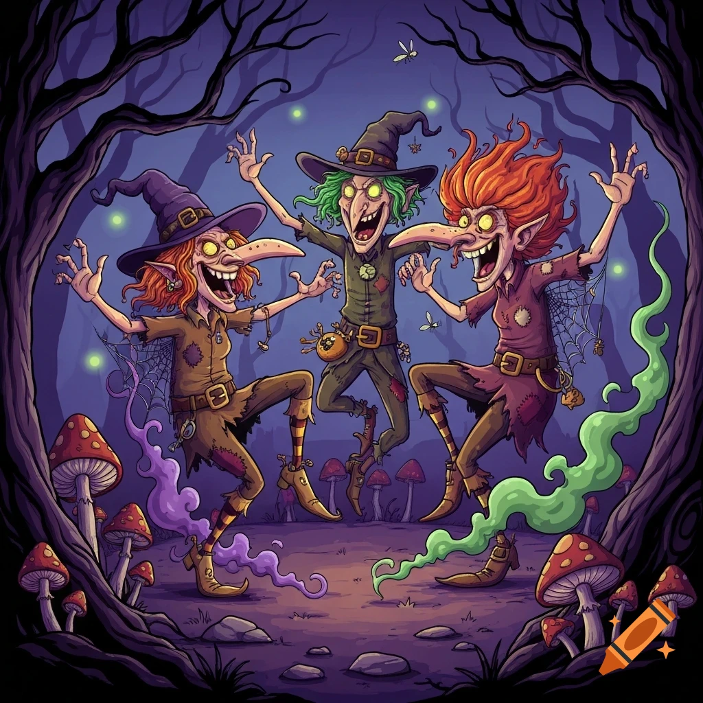 Three clownish, ugly witches with long noses and green/red hair dance excitedly in a dark, magical forest with glowing mushrooms.