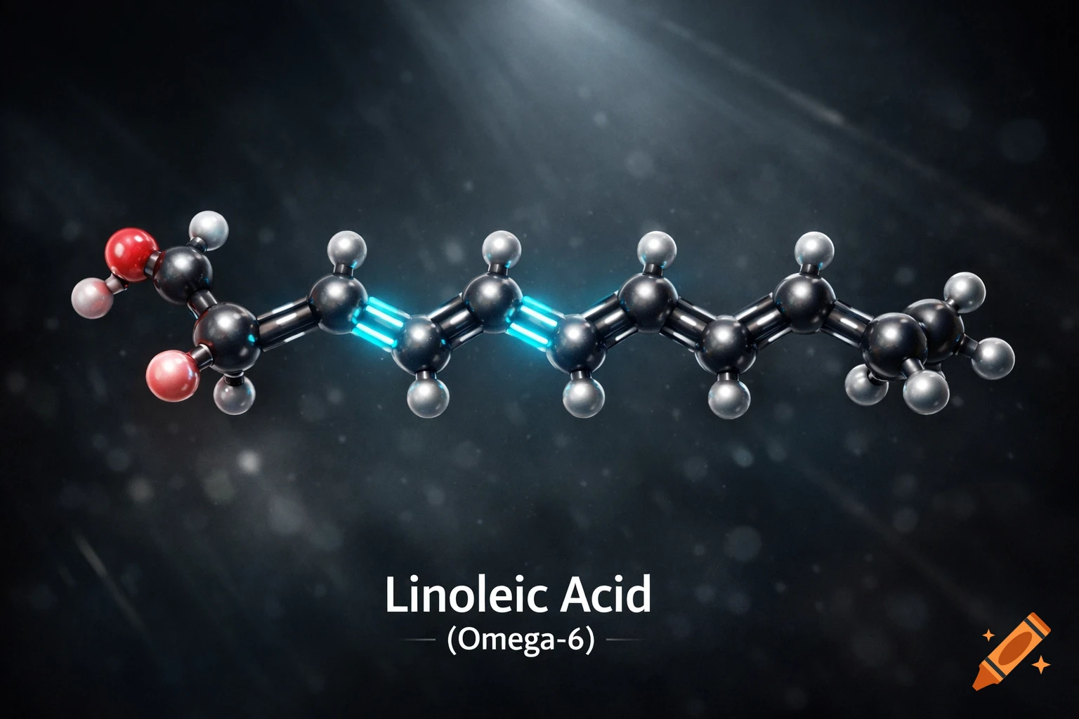 3D model of Linoleic Acid (Omega-6) molecule with glowing double bonds, set against a dark, cosmic background.