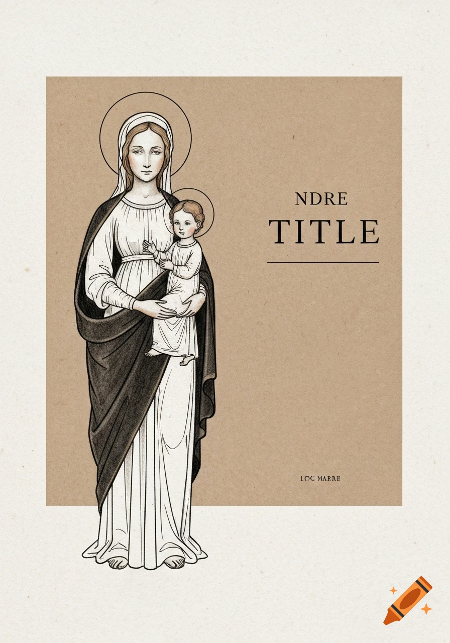 Full-body minimalist illustration of Madonna and Child with halos, in a classical art style with sepia tones and text placeholders.