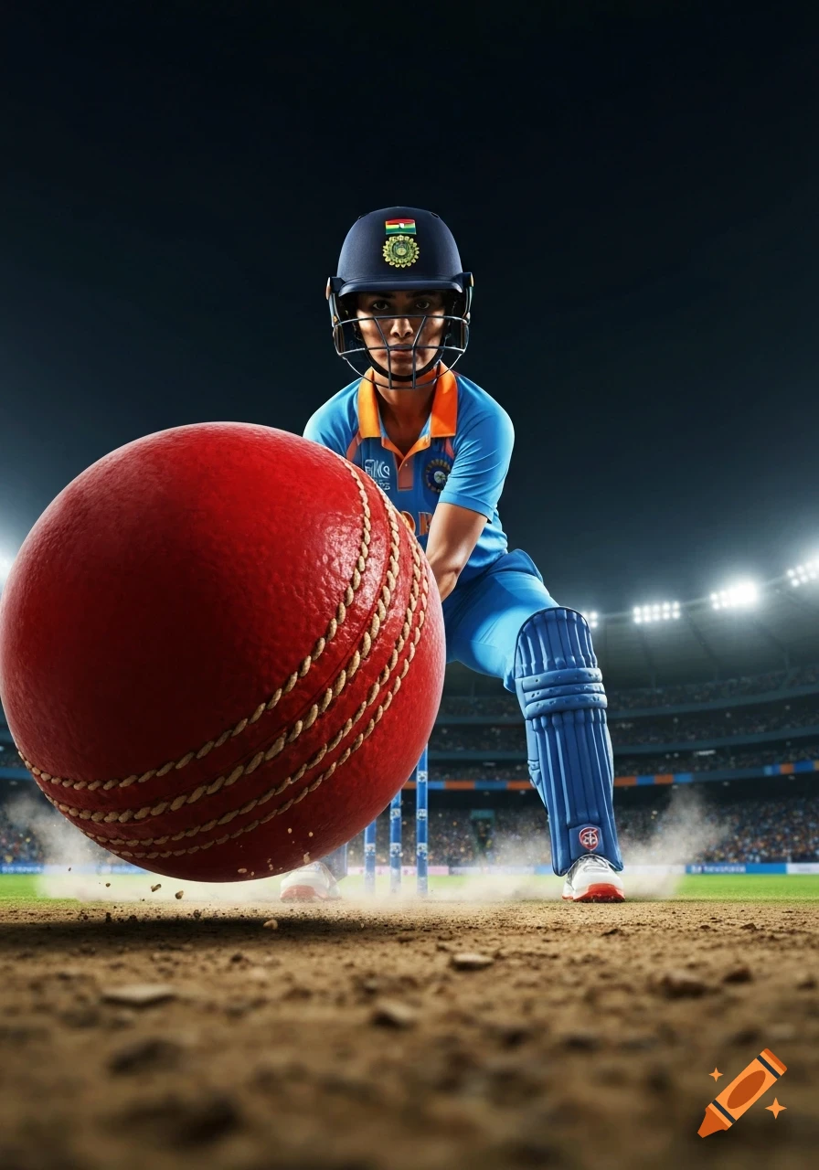 A low-angle, close-up shot of a red cricket ball on a dusty pitch with a woman cricketer in Indian team uniform and helmet in the background during a night match at a stadium.