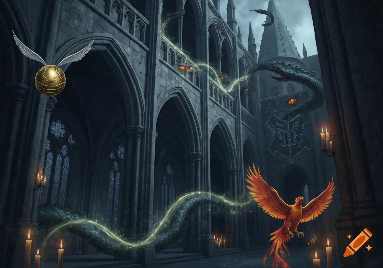 A dark, gothic castle hall with a Golden Snitch, a green basilisk, a fiery phoenix, and the Hogwarts crest.