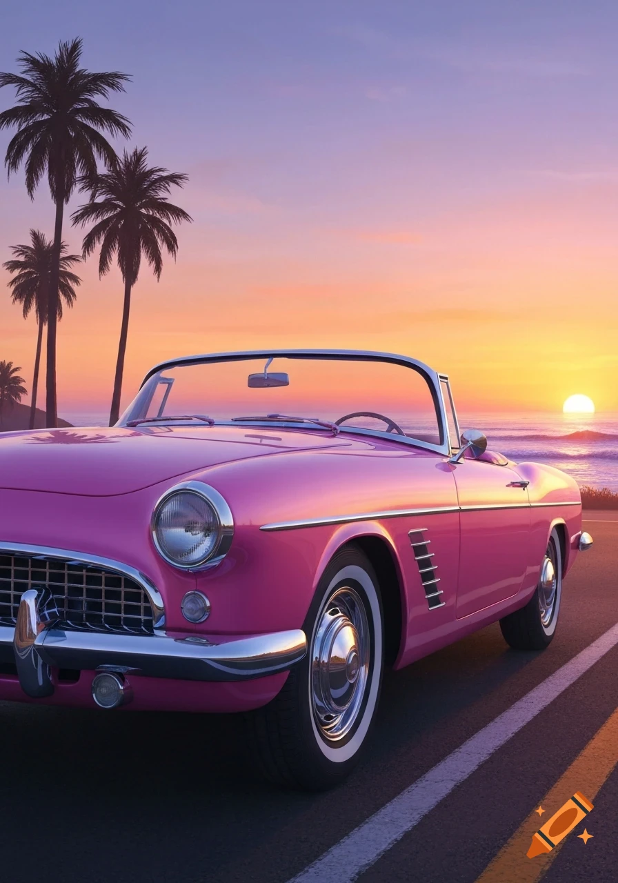 A bright pink classic convertible car with whitewall tires parked on a road beside the ocean at a tropical sunset with palm trees.