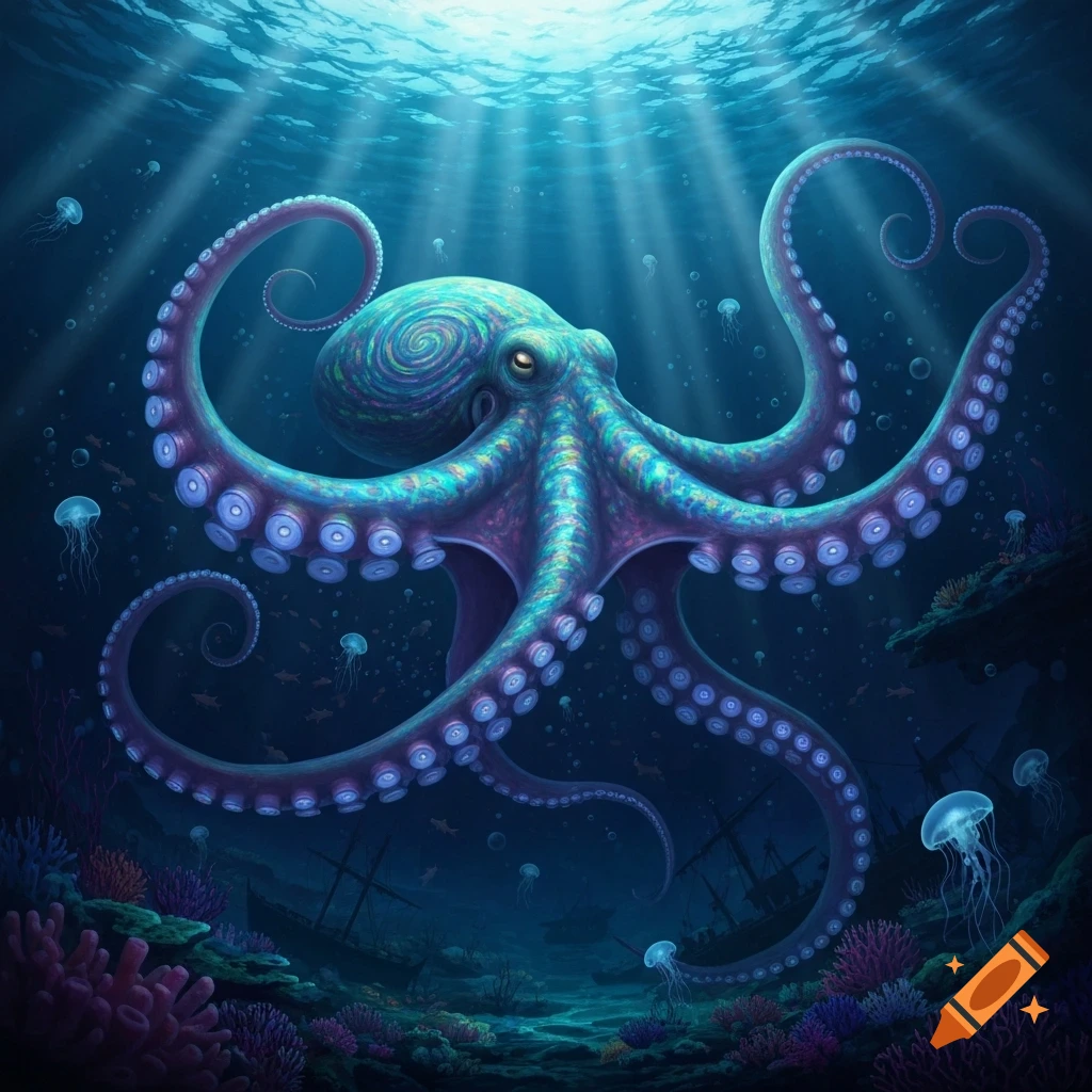 A vibrant, stylized octopus with swirling patterns floats underwater, surrounded by light rays, jellyfish, and sunken ships.